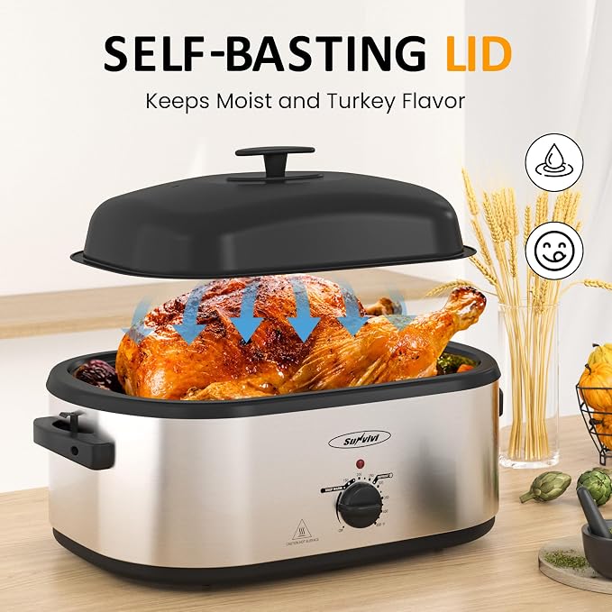Sunvivi Electric Roaster Oven, 24 QT Turkey Roaster Oven with 3 Bin Buffet Server, 150-450F Full-Range Temperature Control, Removable Pan & Rack, Stainless Steel, Silver