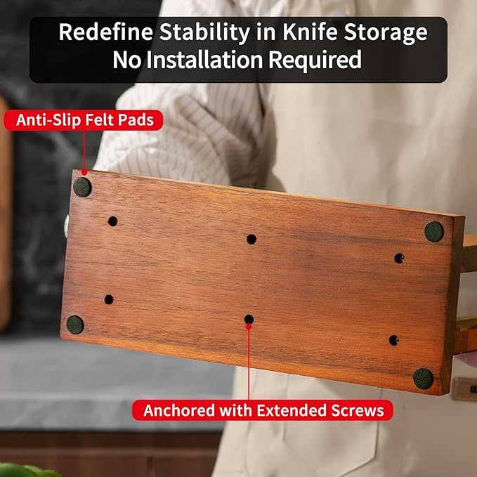 Magnetic Knife Block Extra Large Four-Side Kitchen Knife Holder With Strong Magnetic Strips -Acacia Wood Universal Knife Storage Organizer with Acrylic Shield No Drilling Rack for Kitchen Counter
