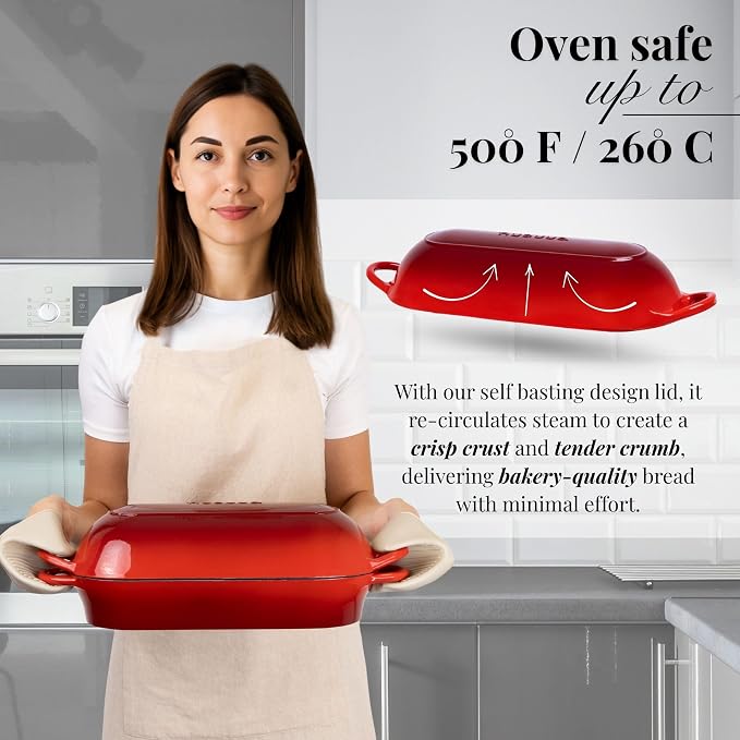 Enamelled Cast Iron Bread Loaf Pot – Dutch Oven For Sourdough Bread Baking – Oven Safe Non Stick Bread Pot – Rectangular, Red, 34cm x 16cm – by Nuovva
