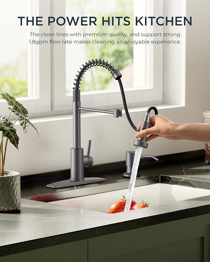 FORIOUS Kitchen Faucet with Pull Down Sprayer, Stainless Steel Commercial Single Handle Classic Spring Pull Out Sink Faucet for Pot Filler, Farmhouse Camper Bar Laundry Room, Grey