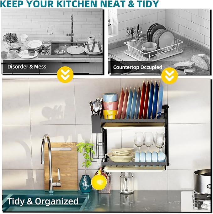 Hanging Wall Mounted Dish Drying Rack with Cutting Board Rack*1, Hook*4, Drain Tray*2, Apartment & RV Wall Mounted Dish Rack, Adhesive Mountable, 2 Layers & 16“ Long, Counter Free (Black)