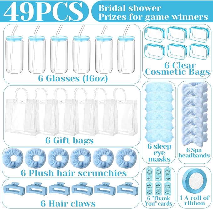 48 Pcs/6 Sets Baby Shower Prizes Winners Include Glass Cans Spa Headband Plush Sleep Eye Mask Hair Claw Clips Clear Cosmetic Bags Baby Shower Player Winner Gifts Bridal Game Gifts(Blue)
