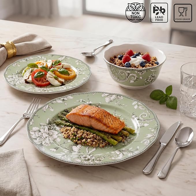 222 Fifth Adelaide Sage 12-Piece Green Porcelain Dinnerware Set – Service for 4, Big Dinner Plates and Bowls Sets, Green with White Floral Pattern, for Daily Entertainment, Microwave & Dishwasher Safe