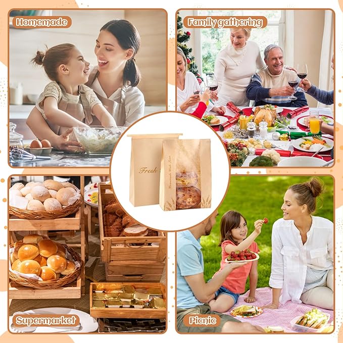 Honoson 300 Pcs Large Paper Bread Bags for Homemade Gift Giving, Sourdough Bread Bags with Window, Bakery Storage Tin Tie Tab Lock Cookie Packaging with Label Seal Stickers (Bright Style)