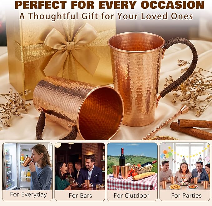 Willinglong 2 Pcs 100% Pure Copper Cup Tumblers 18.5 oz with Handle Handcrafted Hammered Copper Cups, Ayurvedic Health Benefits Drinking Vessel for Family Health Water, Cocktails, Iced Tea Glasses