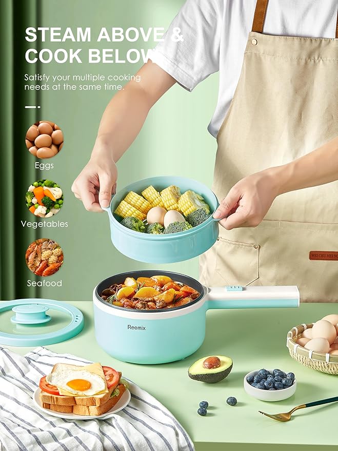 Hot Pot Electric With Steamer, 1.6L Ramen Cooker Non-Stick Sauté Pan for Steak, Egg, Fried Rice, Ramen, Oatmeal, Soup, Portable Personal Perfect Suit Dorm Room and Apartment (Aqua)