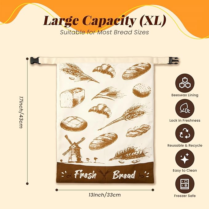 Beeswax Bread Bags for Homemade Sourdough - 2 Pack Reusable Organic Cotton Natural Beeswax Lined Large Bees Wax Storage Bag for Homemade Sourdough & Bakery Bread.