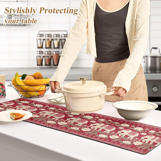 Red Retro Elephants Lotus Trivet Table Runner Heat Resistant 230F for Hot Dishes Pots Plates Kitchen Dining Table Protector Decorative 39.37x 11.8
