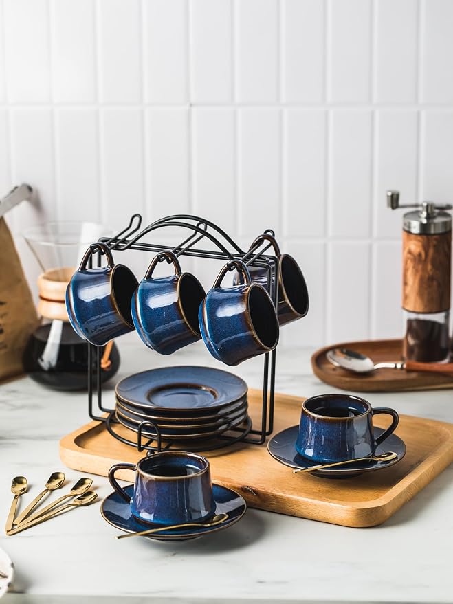 YHOSSEUN Espresso Cups Set of 6, 4 OZ Expresso Shots Cup with Sacuers, Spoons, and Metal Stand, Ceramic Coffee Espresso Cups for Father's Day, Espresso Accessories for Machine, Blue