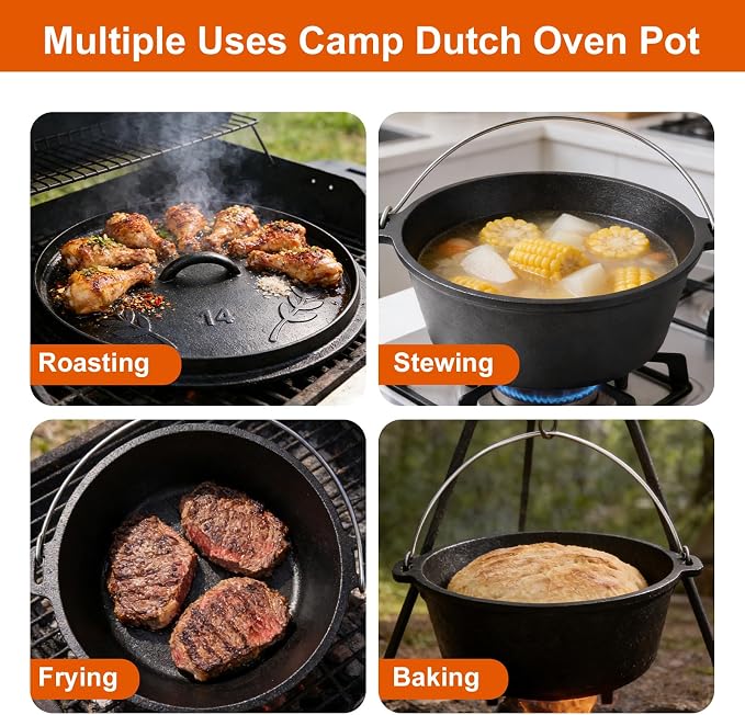 Pre-Seasoned Cast Iron 10QT Camp Dutch Oven with Lid, Large Camping Dutch Oven Pot, incl. Lid Lifter - Dual Handles - for Outdoor Campfire, Grill, Oven&Stovetop Cooking - Black