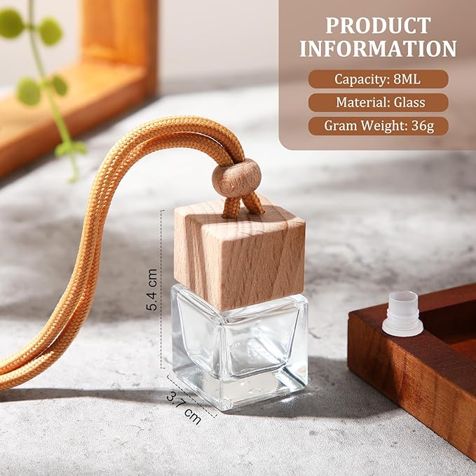 Rtteri 100 Pcs Hanging Car Air Freshener Diffuser Bottles Empty Glass Perfume Diffuser Vials Refillable Oil Aromatherapy Pendant with Wooden Caps and Hanging String for Car Home Office Decor(Square)