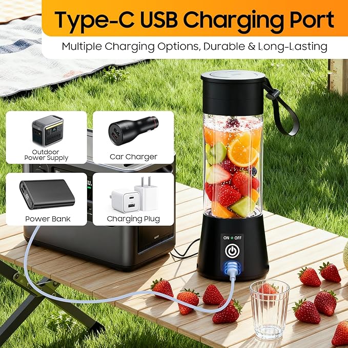 Portable Blender for Shakes and Smoothies - Newly Upgraded 13 Oz Mini Blender with 6 Blades, USB & Type-C Rechargeable, Suit for Making Fresh Juice, Convenient for Travel Sports