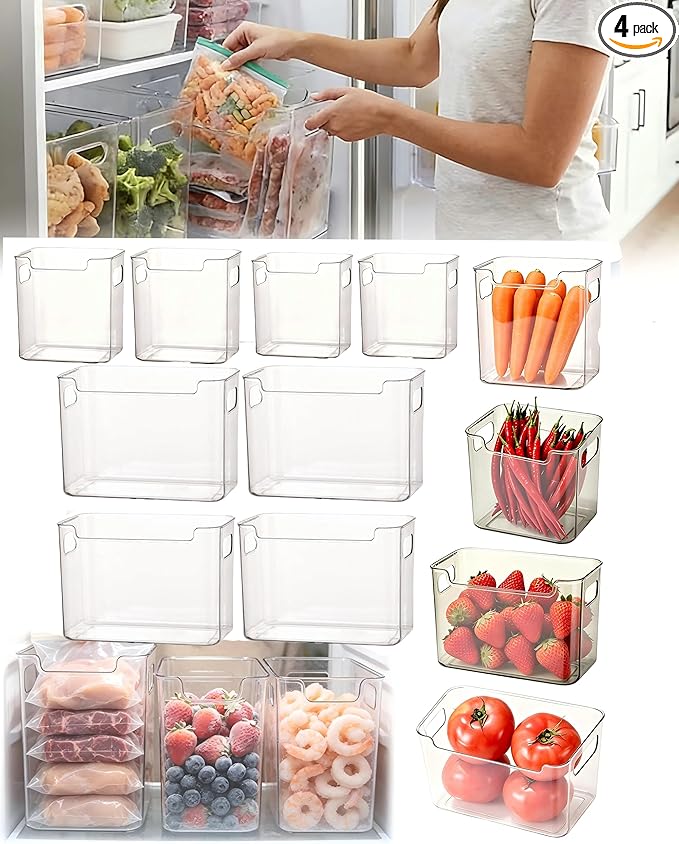 Clear Plastic Freezer Storage Bins, 4 Pack Stackable Refrigerator Organizer Containers with Handles for Meat, Veggies, and Pantry (4PS Small Size*4ps Large)