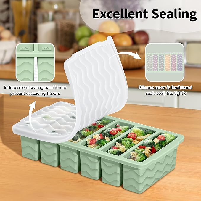 Doasuwish 3-Pack Silicone Freezer Trays with Lid,2 Large 2-Cup(500ml)&4 Medium 1-Cup(125ml)&6 Small 1/2-Cup(75ml) Soup Freezer Container Molds,Ice Cube Tray For Meal Prep&Freezing Soup,Stews,Sauces