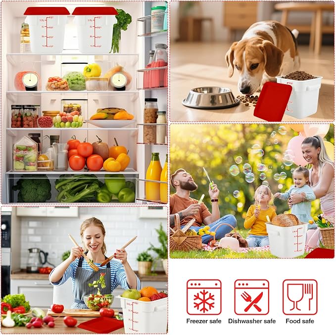 Square Food Containers with Lids 4-Pack, Commercial Grade Plastic Bins for Restaurant Kitchen Pantry Storage, Freezer & Dishwasher Safe (Red, 4QT-4PACK)