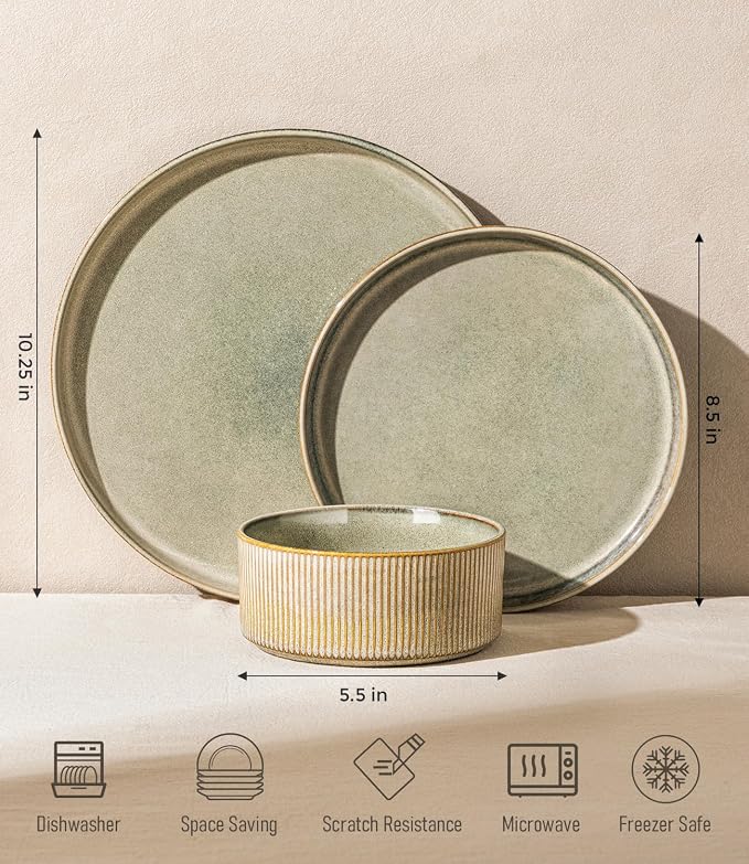GBHOME 12-Piece Stoneware Dinnerware Set for 4 – Ribbed Ceramic Plates and Bowls, Scratch-Resistant, Microwave & Dishwasher Safe, Reactive Glaze, Desert Sage