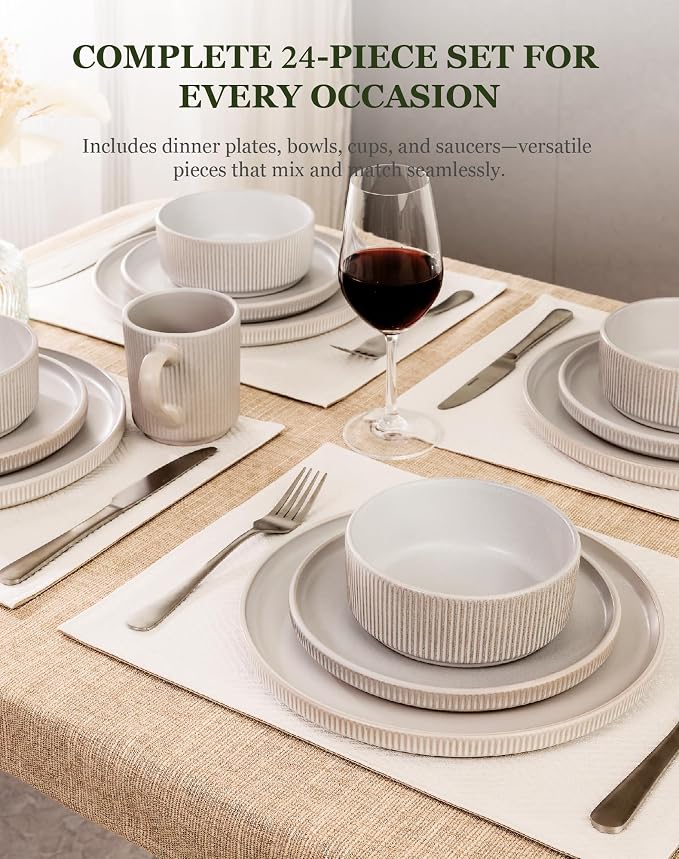 OTAGO 24-Piece Dinnerware Set for 6 with Mugs, Ribbed Stoneware Plates and Bowls Sets, Unique Handcrafted Reactive Glaze, Chip and Scratch Resistant Dish Set, Microwave & Dishwasher Safe, White