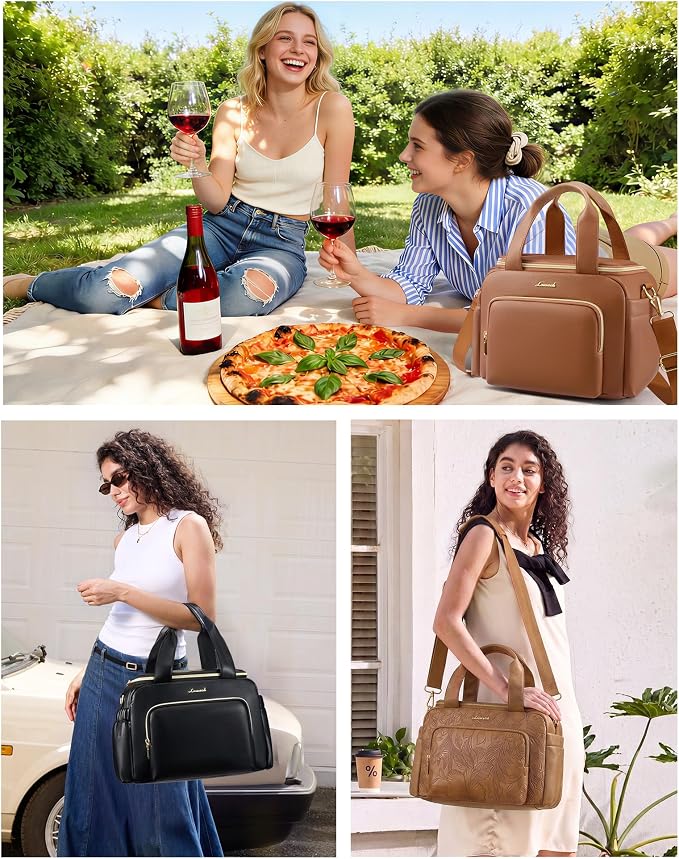 LOVEVOOK Insulated Lunch Bag for Women, PU leather Lunch Box with Shoulder Strap, Wide Opening Adult Large Lunch bags for Work Picnic Beach Family Camping Outdoor Teacher