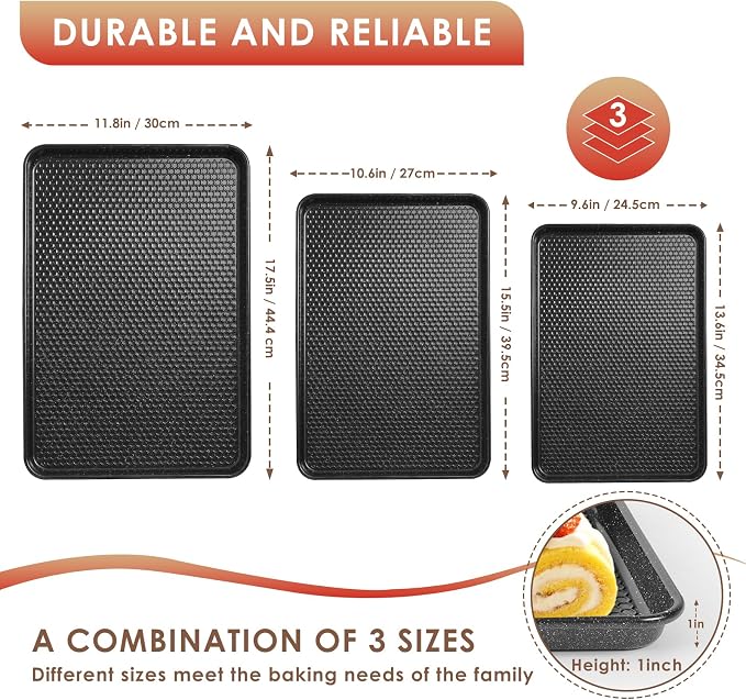 Baking Sheet Pan Set of 3, Nonstick Carbon Steel Cookie Sheets with Texture | Commercial Half/Quarter/Jelly Roll Pans Replacement Toaster Oven Tray, Heavy Duty & Easy Clean