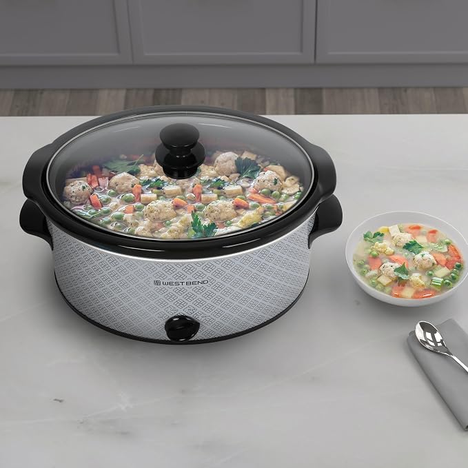 West Bend Slow Cooker 6-Quart Manual Crockery Style with Dishwasher Safe Oval Ceramic Crockpot and Glass Lid Two Temperature Settings Plus Keep Warm, 330-Watts, Silver