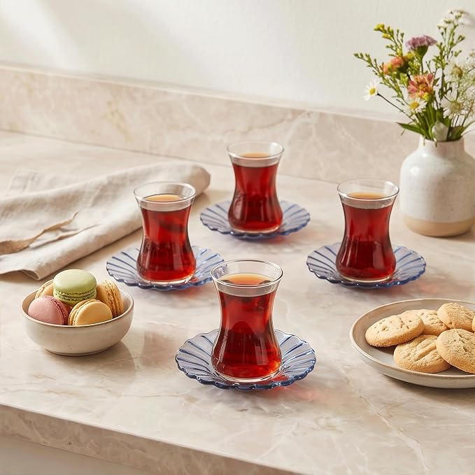 KARACA Luna 12-Piece Turkish Tea Cups for 6 People, 4.4 fl oz (130 ml) Turkish Tea Glasses Set with Elegant Light Blue Glass Saucers, Traditional Tulip Teacups, Hand Wash Recommended