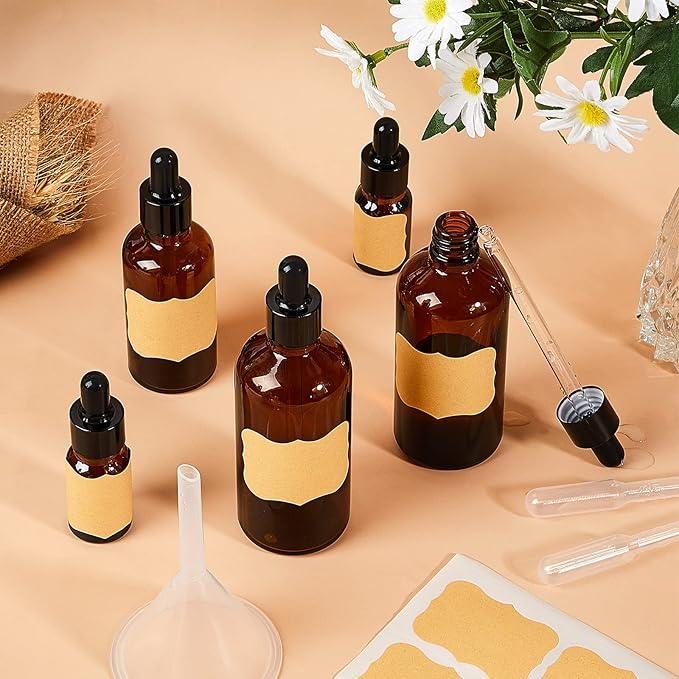 Lallisa 48 Pack 4oz Amber Glass Bottles with Glass Eye Droppers for Essential Oils with 4 Pcs Long Pipettes 4 Funnel and 80 Label, 120 ml Droppers for Perfumes Lab Travel