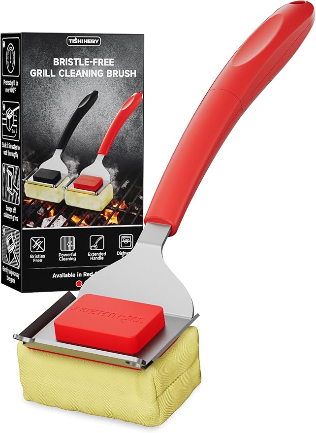 Bristle Free Grill Brush with Scraper for Outdoor Grill Cleaning, Safe Steam BBQ Grill Cleaner, Replaceable Head, Grilling Accessories for Cast Iron, Stainless Steel, Porcelain, Ceramic Grates - Red
