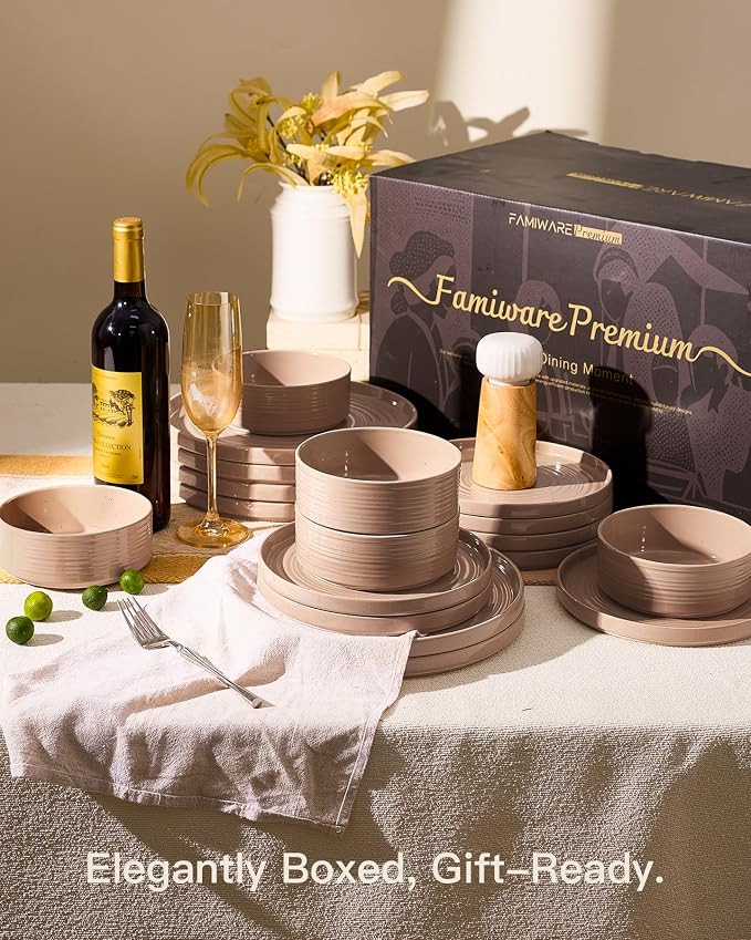 Stoneware Dinnerware Sets for 8, 24-Piece High Edge Plates and Bowls with Speckled Glaze & Spiral Design - Chip & Scratch Resistant, Microwave & Dishwasher Safe - Gift Box, Brown