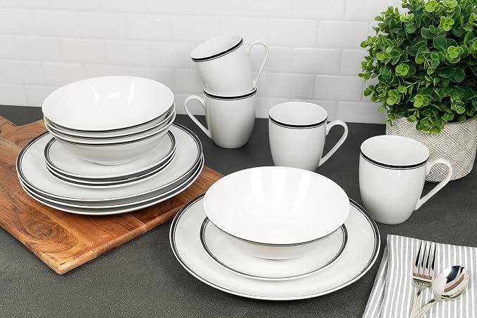 10 Strawberry Street Café Stripe 16 Piece Coupe Dinnerware Set, Black