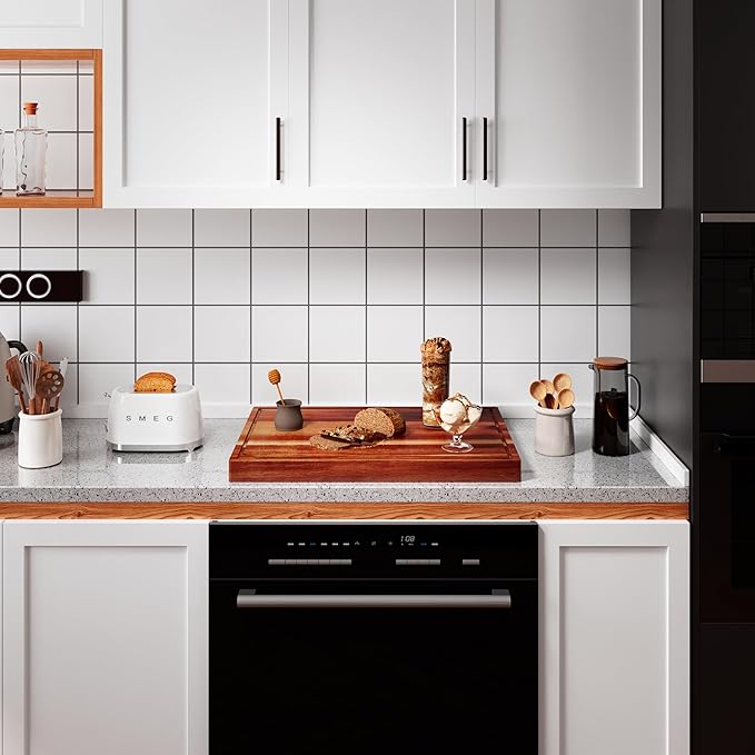 Acacia Stove Top Cover for Gas Burners & Electric Stove, Noodle Board Stove Cover with Wavy Handles, Wooden Stovetop Cutting Board with Juice Grooves, Serving Tray 30"L x 22"W x 2.5"H