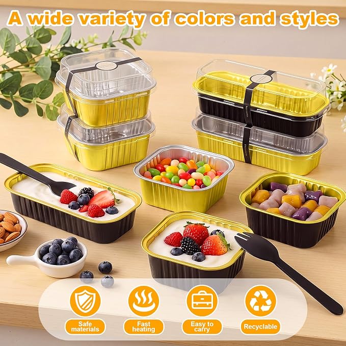 LemonRoad 240 Pcs Mini Loaf Pan with Lids and Spoons 6.8oz Rectangular Aluminum Foil Bread Pan 5oz Square Cake Cup with Decal Disposable Baking Supply for Graduate Wedding Birthday (Black,Gold)