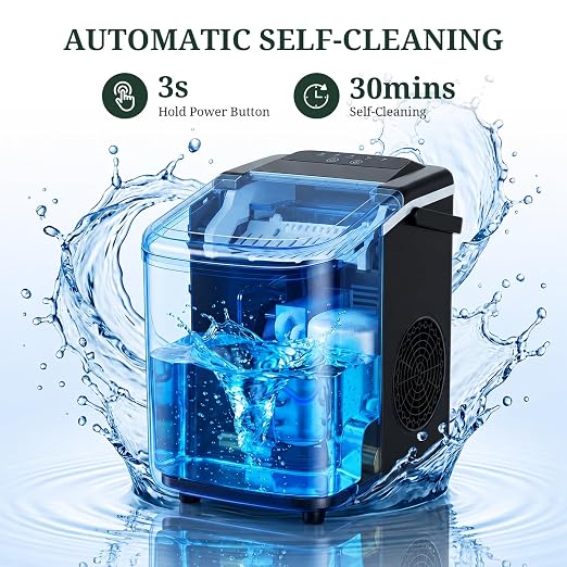 Ice Maker Countertop, Portable Ice Machine with Handle, Basket & Scoop, 26Lbs/24Hrs, 9 Bullet Ice Cubes Ready in 6–8 Mins, 2 Ice Sizes, Self-Cleaning, Quiet Compact for Home Kitchen Office RV Camping