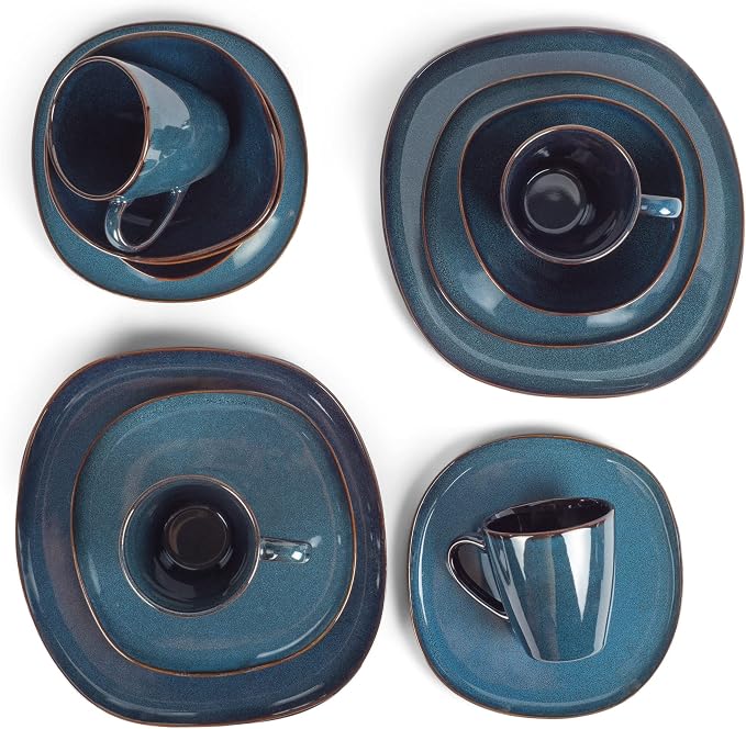 Elanze Designs 16-Piece Modern Luxury Chic Smooth Vintage Handmade Shape High Gloss Ceramic Stoneware Square Plate Mug & Bowl Kitchen Dinnerware 16 Piece Set - Service for 4, Navy Blue