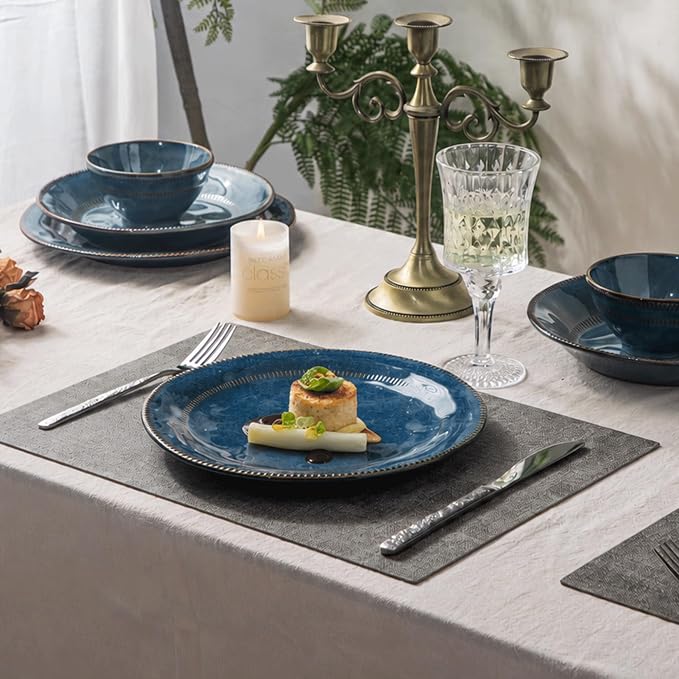 4-piece set, ceramic, natural active glaze plate and bowl set, microwave and dishwasher compatible tableware set, shatterproof and scratch resistant dinner set, irregular edge design, sky blue