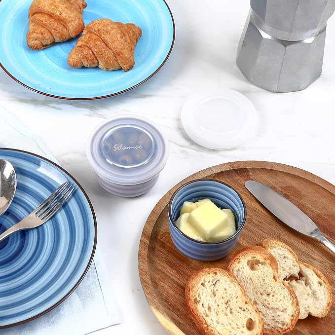 Selamica 4 oz Ramekins with Lids Oven Safe, Creme Brulee Souffle Dishes Ramekins with Covers, Porcelain Custard Cups for Baking, Stackable Mini Ramekin Bowls for Pudding Dip Sauces, Set of 6, Gradient Blue