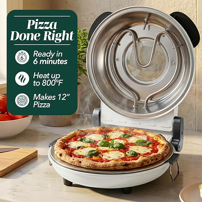 Cook With Color Electric Countertop Pizza Oven, Indoor Crispy Crust Pizza Maker, 12 Inch Pizza Oven with Ceramic Stone, Heats up to 800°F, Dual Temperature Control, Includes Pizza Peel, Off White