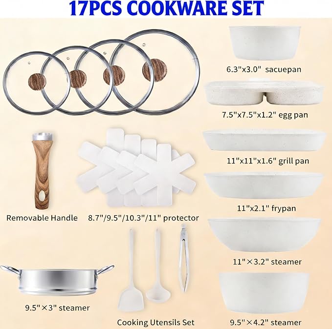 HealSmart 17Pcs Ceramic Cookware Set, Non-Toxic Nonstick Cooking Pots & Pans with Heat Resistant Grips, Complete Induction Compatible Kitchen Kit Including Multi-Size Frying Pans, Beige
