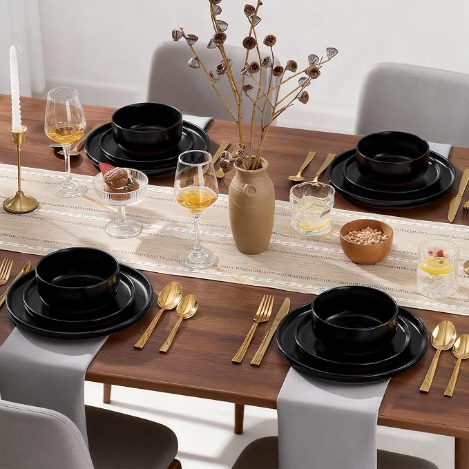 E-far 6-Piece Stoneware Plates and Bowls Sets, Dinnerware Sets for 2, Ceramic Dishware Dishes Set with Terracotta Base, Chip & Scratch Resistant, Microwave & Dishwasher Safe, Matte Black