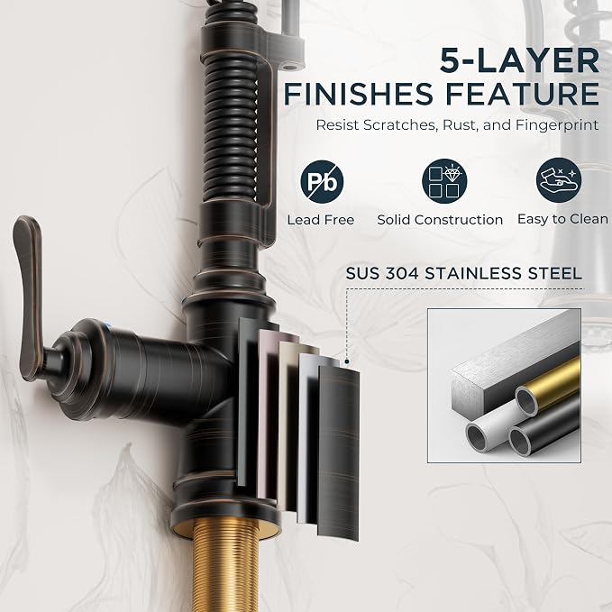 FORIOUS Kitchen Faucet with Pull Down Sprayer, Oil Rubbed Bronze, Stainless Steel Single Handle Spring Antique Kitchen Sink Faucet with Deck Plate, Sutiable for Farmhouse, RV, Camper, Wet Bar