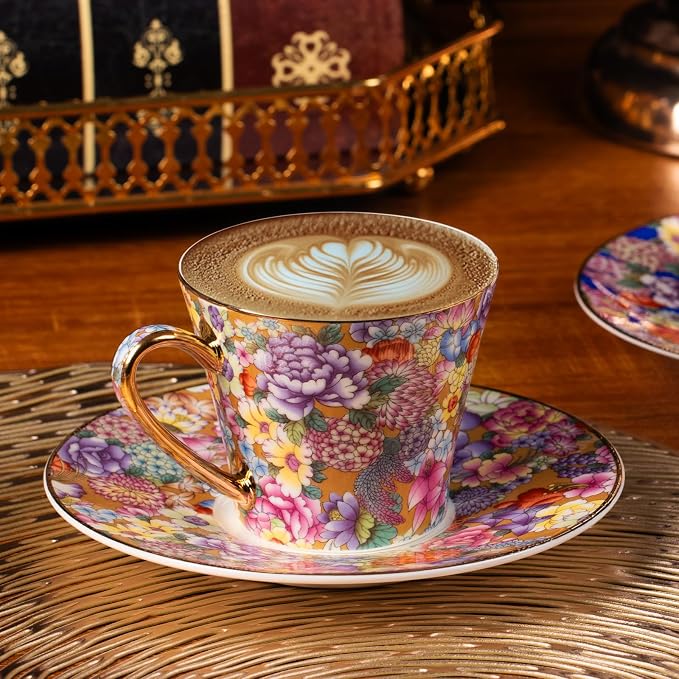 KAMMAK Tea Cups and Saucers Set of 2, Porcelain Coffee Cups, 7.5oz Stackable Espresso Mugs, Ceramic Demitasse for Coffee, Latte, Americano, Tea (637N+638N)