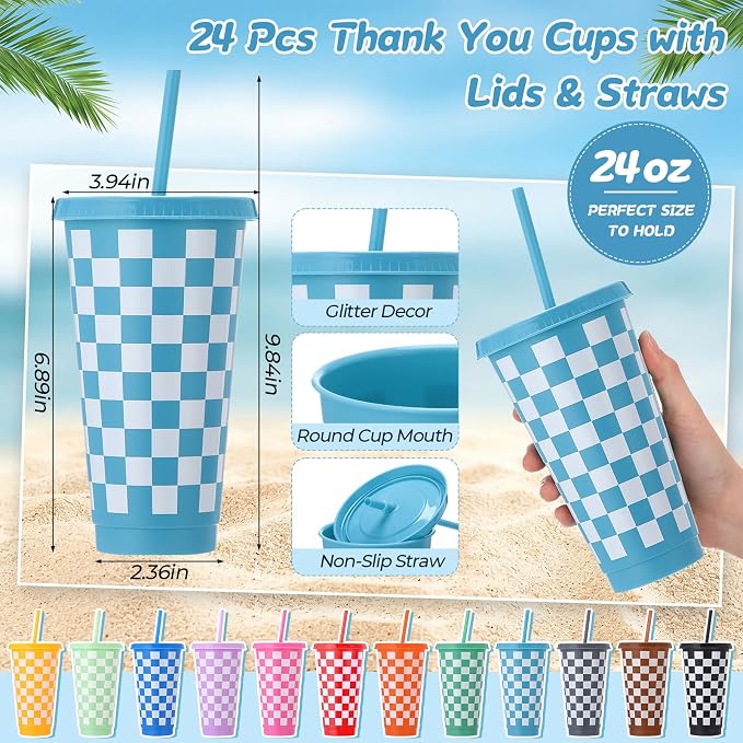 Feifeiya 72 Pcs/ 24 Set Summer Checkered Gifts Bulk 24 oz Checkered Tumbler with Lids and Straws Colorful Pens Notepads Set Plastic Cups Gift for Summer Party Favors Birthday