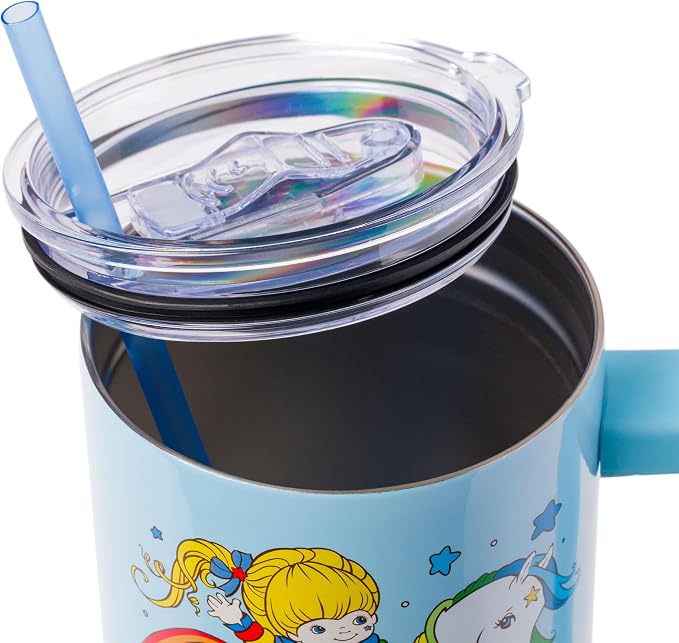 Silver Buffalo Rainbow Brite Featuring Starlite Stars Double Walled Stainless Steel Tumbler with Handle and Straw, Fits in Standard Cup Holder, 40 Ounces