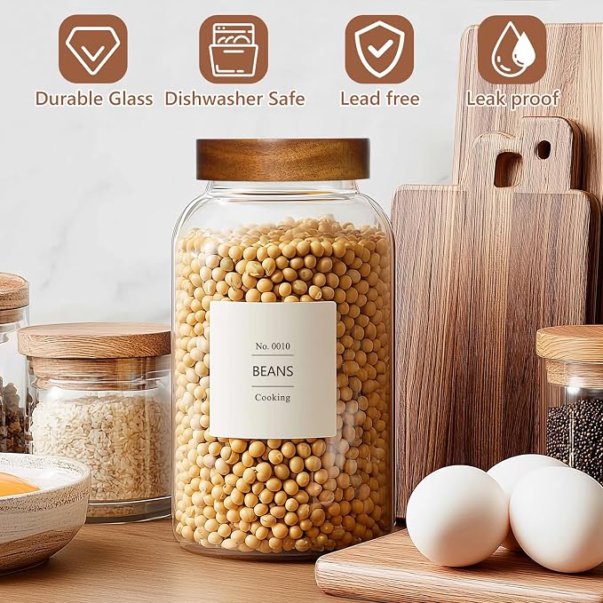 KEYWING 88oz Large Glass Jars with Airtight Acacia Wood Lids, Set of 3 Food Storage Containers for Flour, Sugar, Rice, Pasta, Cereal, Cookies – Includes 126 Labels