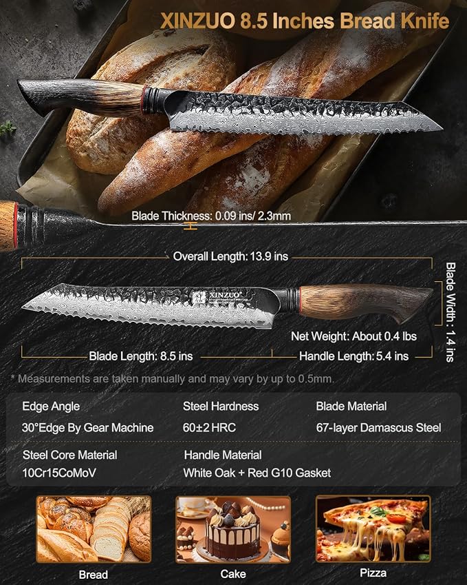XINZUO Bread Knife For Homemade，Serrated Bread Knife 8.5 Inch Damascus Steel Sharp Slicer Less Crumbs For Bagels, Sourdough, And Soft Produce With Wood Handle