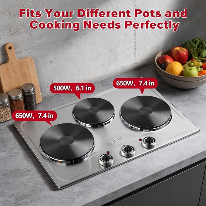 CUSIMAX Electric Hot Plate for Cooking,1800W Triple Burner Portable Electric Stove with Independent Temperature Control,Electric Burners for All Cookware,Tabletop or Built-in,Stainless Steel