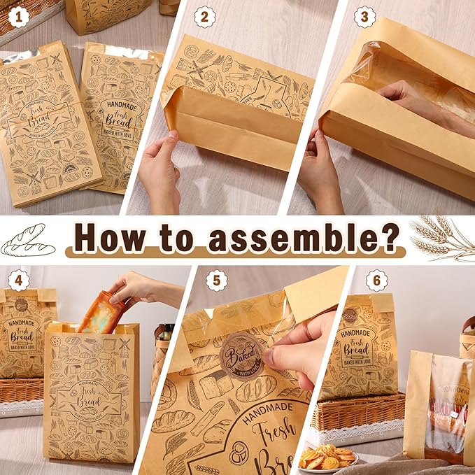 Spakon 120 Pack Large Kraft Paper Bread Bags for Homemade Bread 14 x 8.3 x 3.5 Sourdough Bakery Bags with Window with 120 Pcs Baked with Love Stickers for Baked Food Packaging Storage