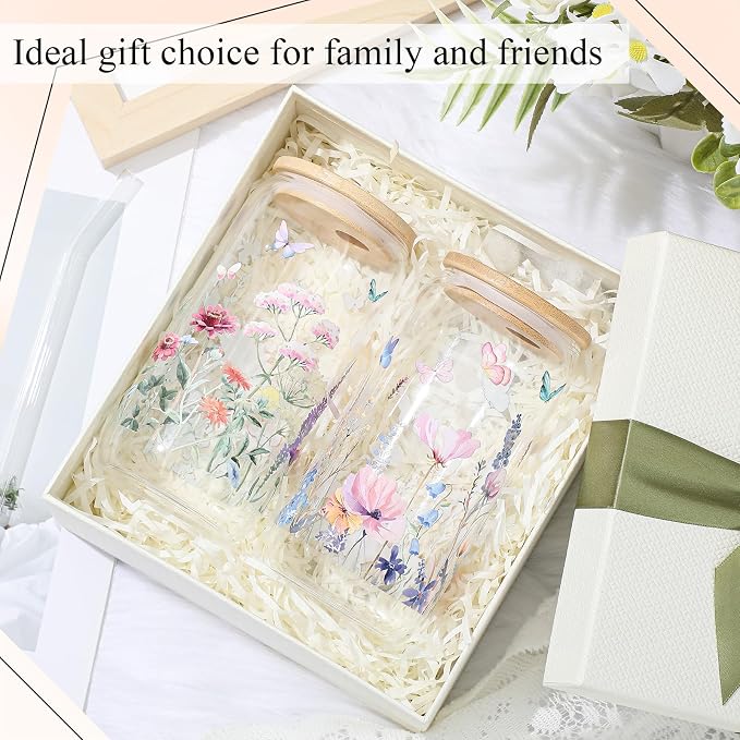 Mumufy 2 Pack Wildflower Glass Cups Gift Aesthetic Cute Glass Cup Tumbler Flower Iced Coffee Mugs 16 oz with Bamboo Lid & Straw, for Wedding Birthday Bridesmaid Mom Baby Shower