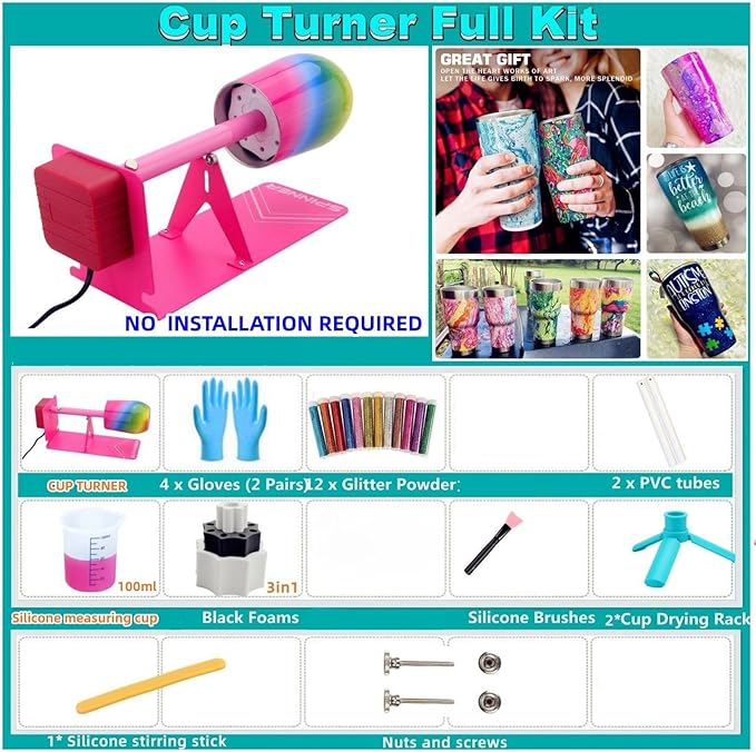 LFSUM Cup Turner for Crafts Tumbler Cup Spinner Machine Kit,Wood Cuptisserie Turner DIY Glitter Epoxy Tumblers with Silent UL Motor Safety Switch 2 Foams Accessories (Simple)