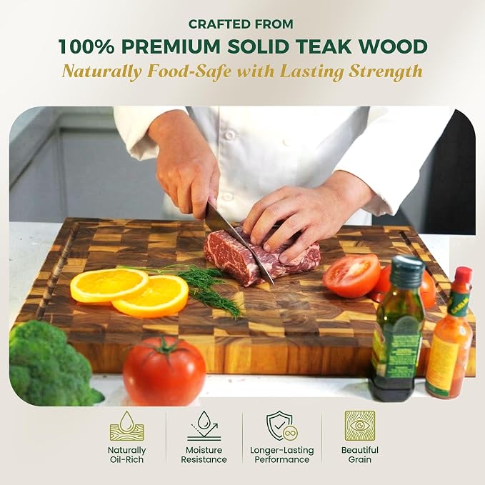 Teak Cutting Board for Kitchen – End Grain 17 x 13 x 1.5 Inch Medium Butcher Block with Juice Groove & Side Handles for Meat & Meal Prep