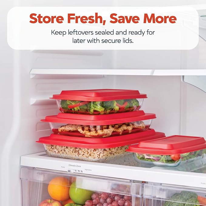 Pexo 8 Piece Glass Baking Dish Set with Plastic Lids, With Silicone Handles for Easy Grip (1.06QT, 1.69QT, 2.32QT, 3.17QT), Clear Glass Casserole Dishes for Oven, Airtight Lids, Glass Bakeware, Freezer, Oven, and Dishwasher safe (Red)
